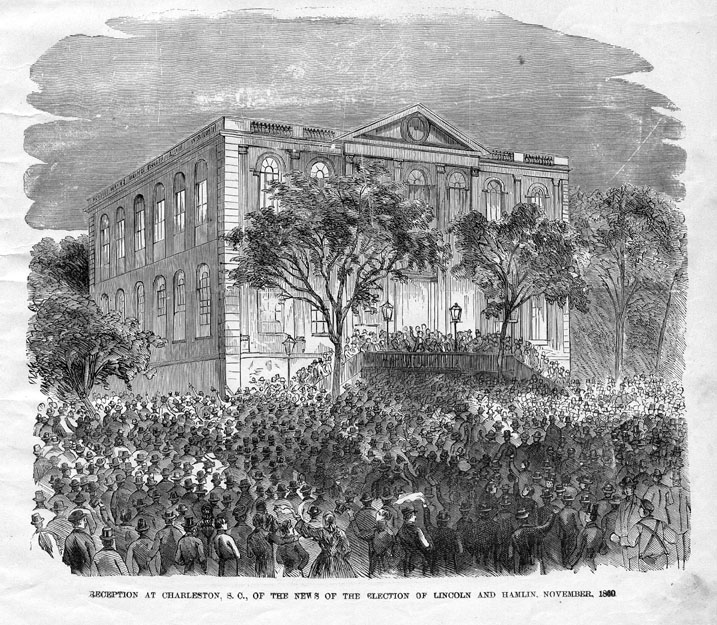 On Tuesday, November 6, 1860, the country erupted in an emotional explosion. Outbursts of fury, shock, relief, and confusion shook the nation and set presses ablaze with fiery statements about the future of the United States. Abraham Lincoln was going to be president. In this image, citizens of Charleston, South Carolina, gather to hear the election results.  