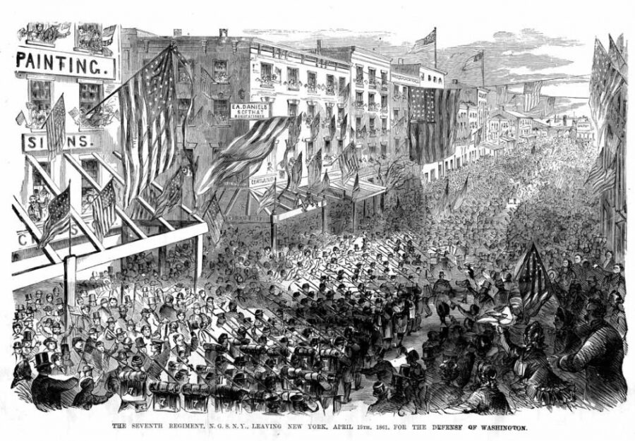 Likewise, flags waved, people cheered, and patriotic zeal filled the streets of northern cities and towns, like New York, as Union volunteers marched south.