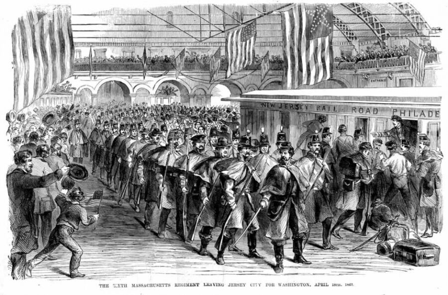 Fed, rested, and well-dressed regiments marched to an uncertain future with a great deal of confidence. Answering Lincoln's call for troops, the men of the Sixth Massachusetts Volunteer Infantry left for Washington D.C. on April 18.