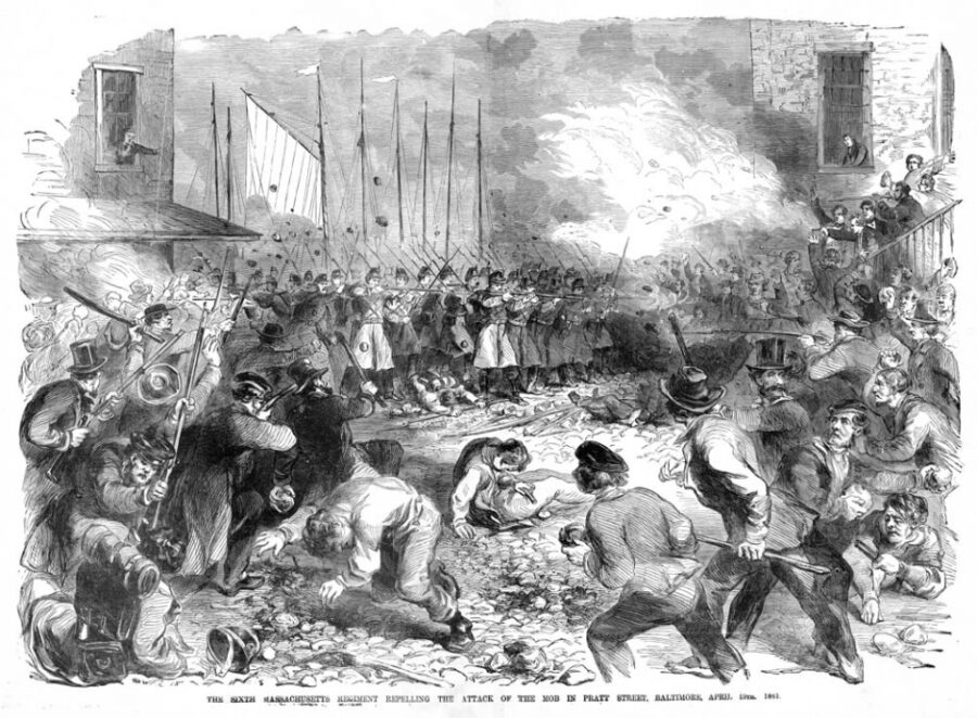 They would not make it there without a fight. Just one week after Sumter's fall, Baltimore's streets were soaked with blood. A pro-Confederate mob rushed the Sixth Massachusetts as they marched through the town en route to the capital. Sixteen died that day in a violent clash that would be remembered as the war’s first bloodshed.