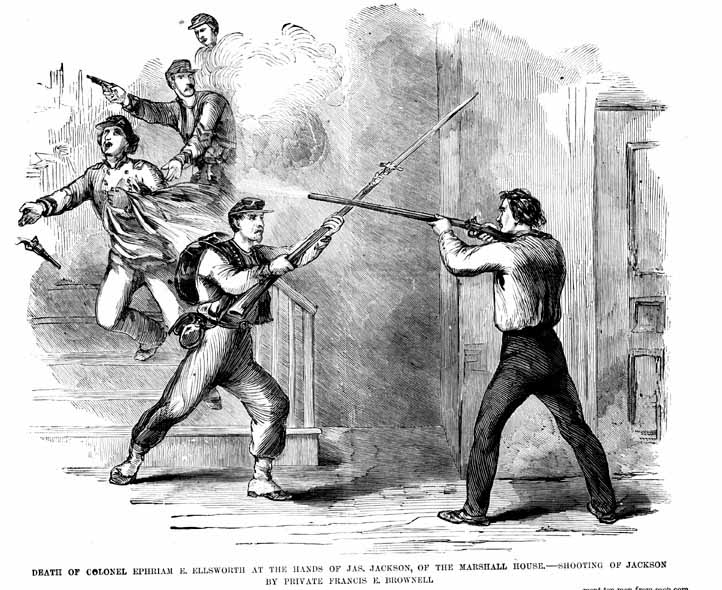 On May 24, a secessionist-sympathizing innkeeper killed 24-year-old Colonel Elmer E. Ellsworth as he attempted to remove a Confederate flag from the Marshall House in Alexandria. Ellsworth, a personal friend of Abraham Lincoln known nationally for his traveling Zouave militia drill team, was the conflict's first prominent casualty. Little did anyone know at the time that over 600,000 more Union and Confederate soldiers would lose their lives before war's end.