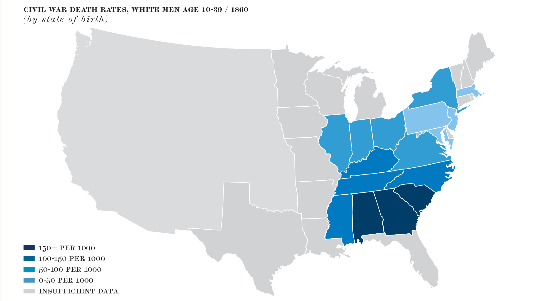 Map of the United States showing Civil War death rates for white men aged 10–39 by state of birth, with darker shading indicating higher death rates concentrated in Southern states.