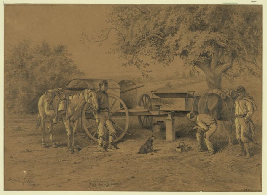 A scene on the roadside near summer camp. Two cavalrymen, who have just returned from a scout, are having their horses shod.