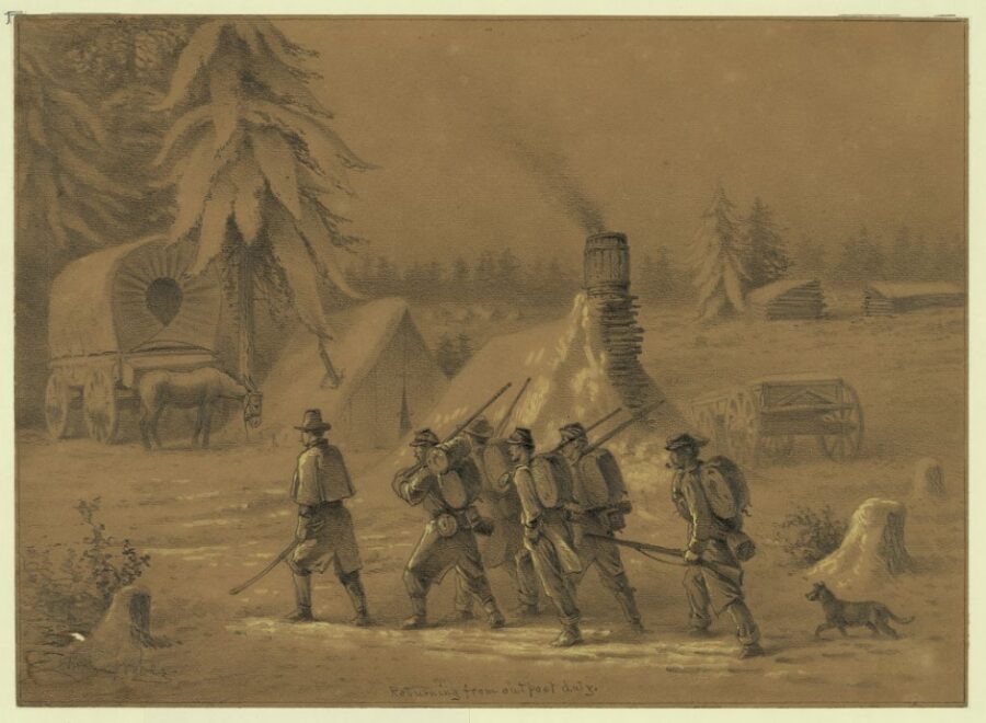Returning from outpost duty. A scene in winter camp. A squad of troops have just returned from the picket line and are seeking their quarters.