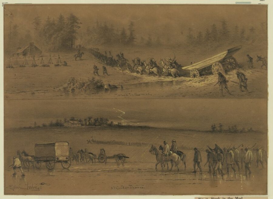 Stuck in the mud. A pontoon wagon with boat fast in a slough. A regiment of infantry is pulling on a rope attached to the head of the team, trying to drag them to firmer ground. A flank march across country during a thunder-shower.