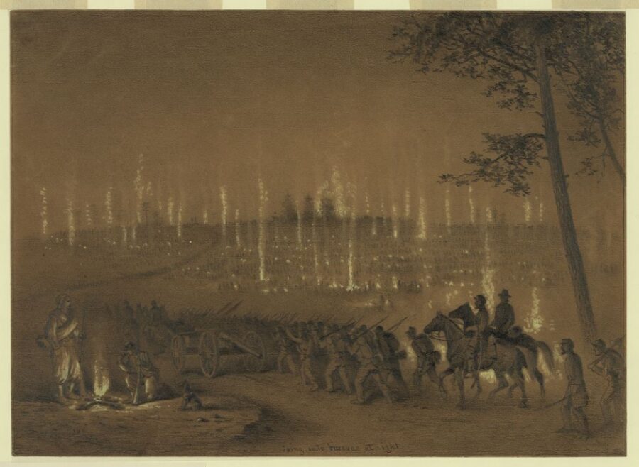 Going into camp at night. The fields on all sides are covered with troops who are engaged in cooking supper, the column in the road marching on and disappearing over the hill in the distance.