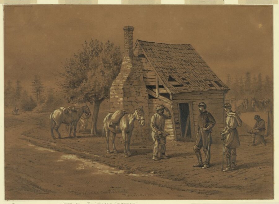 The "reliable contraband." A scene at the cavalry outpost. In the foreground a negro, "leading an old horse," is seen hesitatingly imparting to anxious officers what little information he possesses of the enemy's movements. Cavalrymen and their horses are grouped about the house in the middle ground, and in the distance a vidette is sitting on his horse watching the road through the woods, in anticipation of the approach of the enemy.