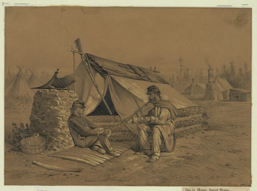 Home, sweet home. A scene in winter camp. Two soldiers sitting in front of their quarters, which are built with logs plastered with clay, and covered with canvas. The soldier sitting on the drum is playing the old tune on an improvised fiddle made from a cigar box, while the younger sits leaning against the mud chimney, which is crowned with a ploughshare to keep the smoke from blowing into the tent.