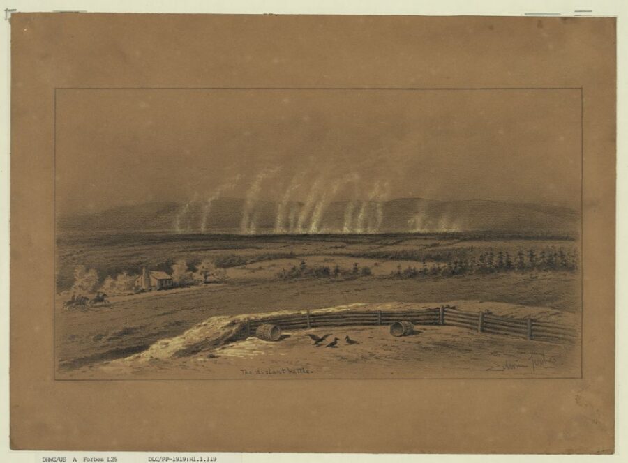 A distant battle. Seen at a distance of about 6 miles. In the foreground is an abandoned breastwork, and on the road to the left a column of troops is seen hurrying toward the sound of distant cannon.