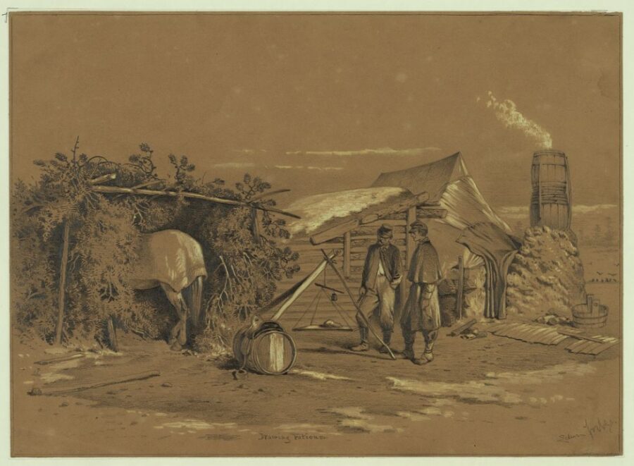 The commissary's quarters in winter camp. The commissary sergeant is seen in the foreground weighing out rations of meat for the company cook. The structure on the left is an improvised stable built of pine boughs. 