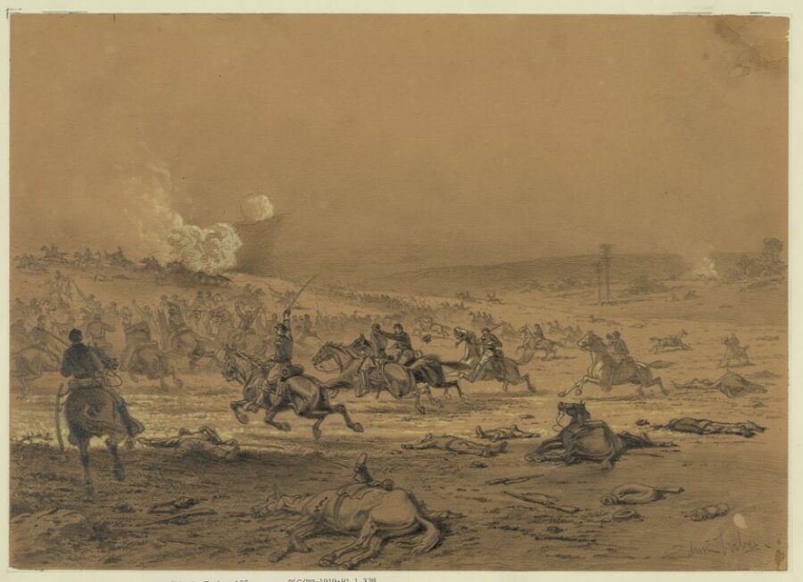 A cavalry charge. An advance against the enemy's guns, which were posted on the hill. The enemy's line has met the charge, and is trying to save the guns, which are hurrying to the rear.