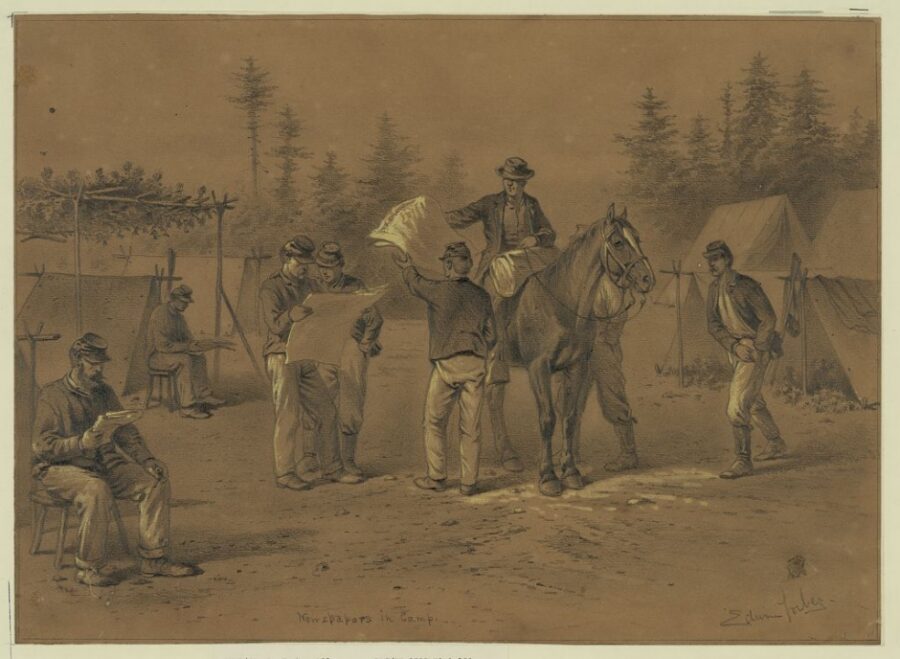 Newspapers in camp. The newsman is sitting on horseback, surrounded by men who are buying and reading the latest "news from the front," as it comes from the rear.