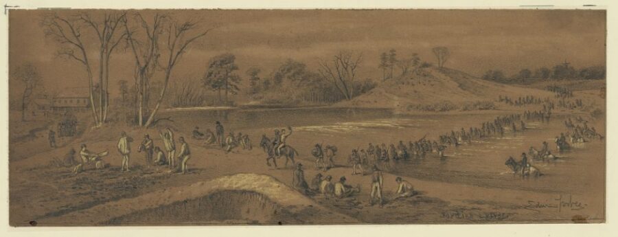 Fording a river. Infantry are wading the stream at the ford, with a line of cavalry posted below to catch any unlucky soldier who may be carried away by the force of the current.