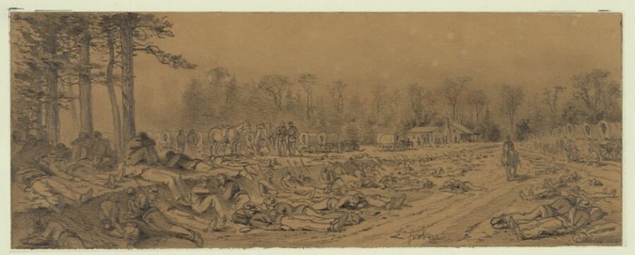 Twenty minutes' halt. A column of troops, while on the march, have been halted for rest, and are lying about under the trees and in the road.