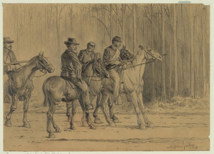 "Bummers." A group of bummers on horse and mule back, huddled in the road, anxiously watching a body of men who have just appeared at a turn in the road.