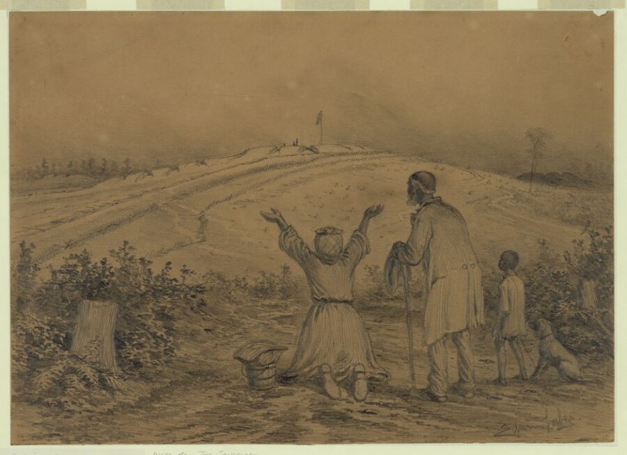 The sanctuary. A negro family has just come in sight of the fortified lines of the Union Army. The old mother has thrown herself on her knees, praising the Lord, while the rest of the family are grouped behind, contemplating the scene in silent wonder.