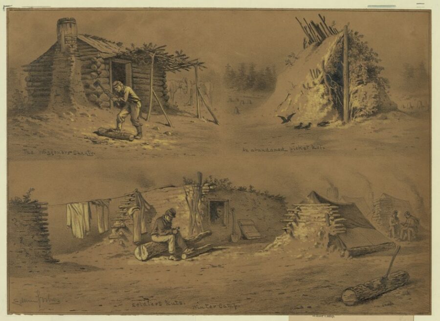 A wagoner's shanty. Winter camp. The deserted picket-hut. Mud huts.