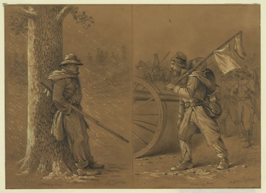 A rainy day on picket. An infantryman sheltered behind a pine tree with his rifle under his arm to protect it from the rain. Washing day. A soldier with his latest wash hung out to dry on the barrel of his rifle. In the distance the column is seen on the march.