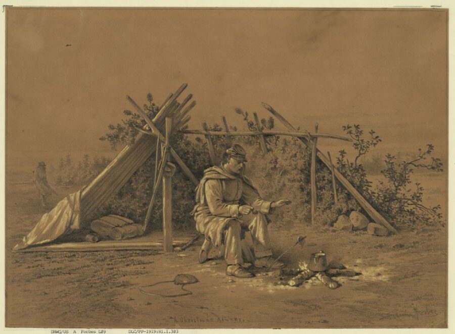 A Christmas dinner. A scene on the outer picket line. A soldier off duty is cooking his frugal meal in front of an improvised shelter made of pine boughs and fence rails.