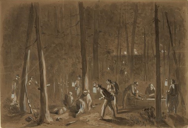 In this William Waud drawing, hospital attendants collect the wounded after a skirmish. In most cases, multiple aides assisted physicians with their amputation surgeries. One assistant would administer an anesthetic to the patient while another held the main artery closed. A third would support the limb as the doctor performed the surgery. Afterward, the helpers would tie the arteries closed while the doctor sewed up the stump.