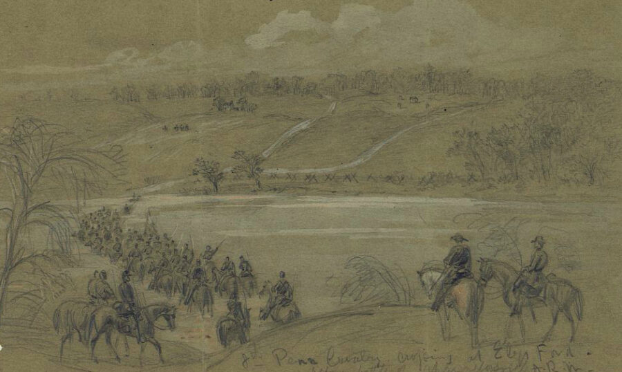 Troopers of the 8th Pennsylvania Cavalry cross the Rapidan River at Ely’s Ford on their way toward Chancellorsville a few days before the battle.  