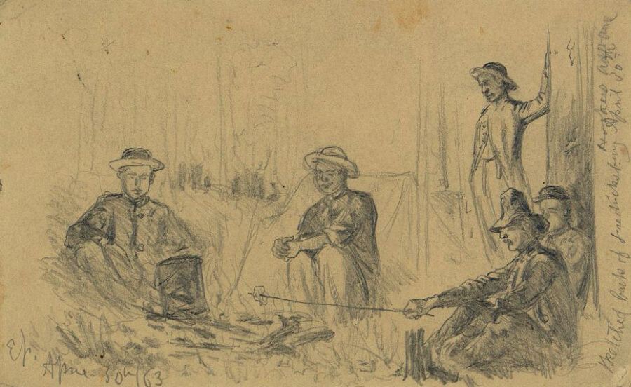 Union troops rest around a campfire in the woods at Chancellorsville on the night of April 30, 1863. The following day, Hooker would continue the advance toward Lee’s army.  