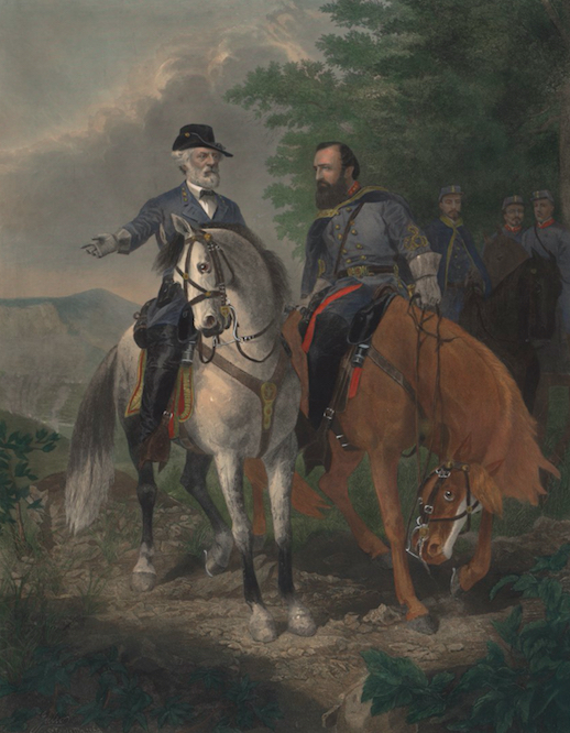 Generals Lee and Jackson confer on the night of May 1 in this painting of their “last meeting.” While most of Hooker’s army was heavily fortified in strong positions, the Union right was “in the air” and vulnerable to attack. The following day, Jackson would launch his assault against the exposed enemy flank. 