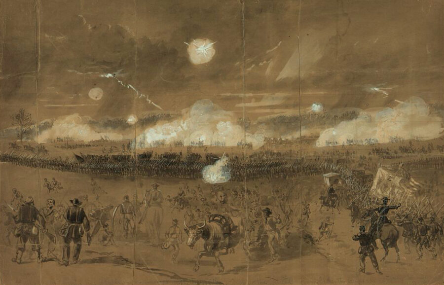 Soldiers from the Union army’s II Corps form a line of battle to cover the retreat of the XI Corps. Jackson’s men had advanced over a mile by nightfall, which brought an end to the attack. That night, while reconnoitering in front of his lines, Jackson was accidentally shot by his own troops, forcing him to relinquish command of his corps for the remainder of the battle.  
