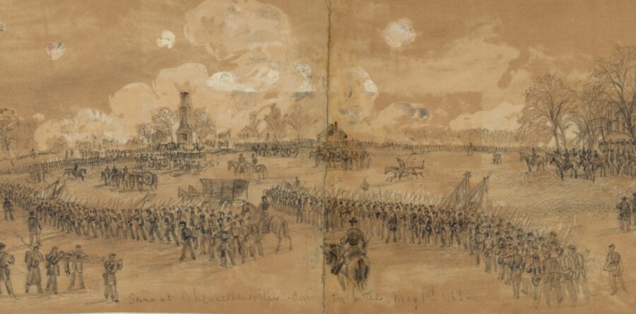 Alfred R. Waud’s sketch of the clash of Union and Confederate armies on May 1. By day’s end, Hooker had halted his brief offensive and called for the army to take up a defensive position around Chancellorsville in hopes that he might force Lee to attack his larger force. 