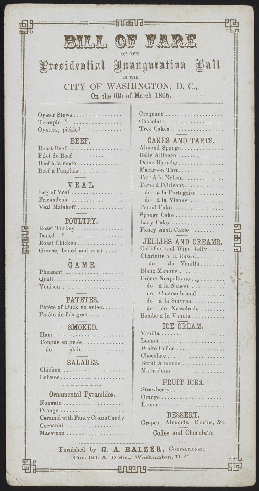 Lincoln inaugural menu