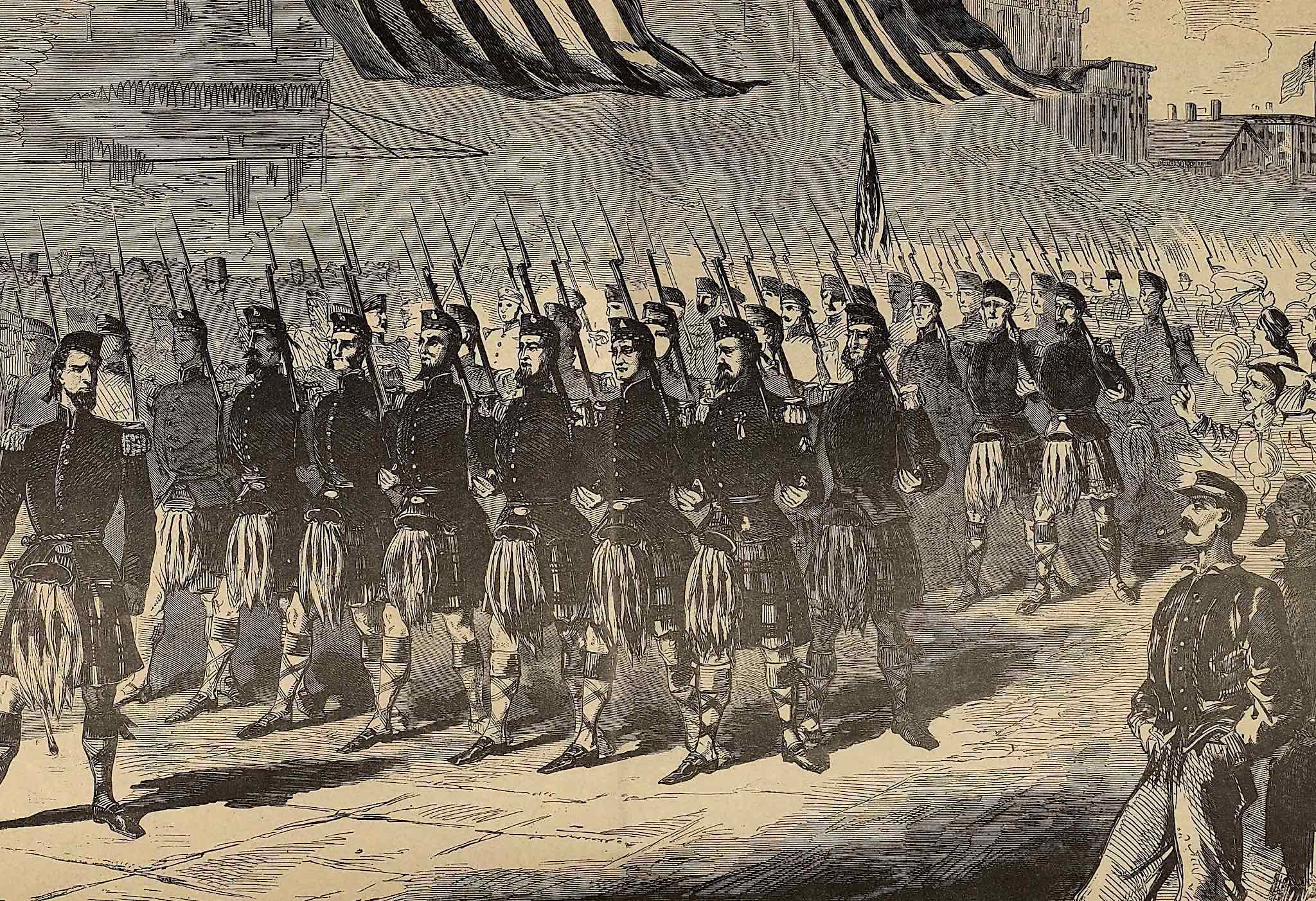The men of the 79th New York Infantry march through the streets of New York City en route to the front during the summer of 1861.