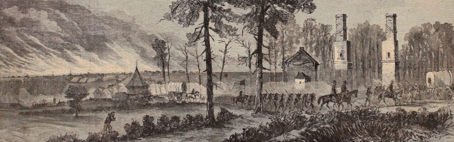 The men of the XIV and XX Corps—the left wing of Sherman's army—move out of Atlanta on November 15, 1864, marking the start of the March to the Sea. 