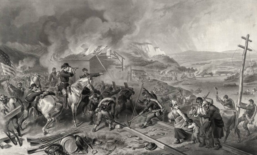As they moved toward Savannah, Sherman's men tore up railroad track, destroyed cotton gins and mills, confiscated millions of pounds of corn and fodder, and siezed thousands of horses, mules, and heads of cattle. Above: Union soldiers destroy railroad tracks and telegraph poles and burn buildings in this 1868 depiction of the March to the Sea by artist F.O.C. Darley.  