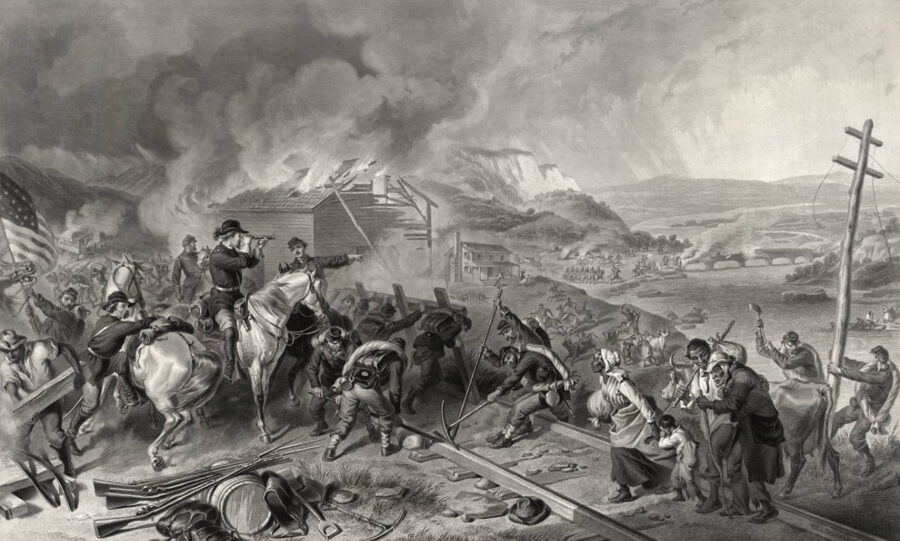 As they moved toward Savannah, Sherman's men tore up railroad track, destroyed cotton gins and mills, confiscated millions of pounds of corn and fodder, and siezed thousands of horses, mules, and heads of cattle. Above: Union soldiers destroy railroad tracks and telegraph poles and burn buildings in this 1868 depiction of the March to the Sea by artist F.O.C. Darley. 