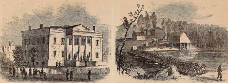 Sherman's troops met only minor resistance during the campaign's first days. On November 23, soldiers of Sherman's left wing occupied the state capital at Milledgeville, which prompted the speedy departure of the governor and the state legislature. Above are shown the governor's mansion in Milledgeville (left) and troops of the XX Corps crossing Little River near the city.  