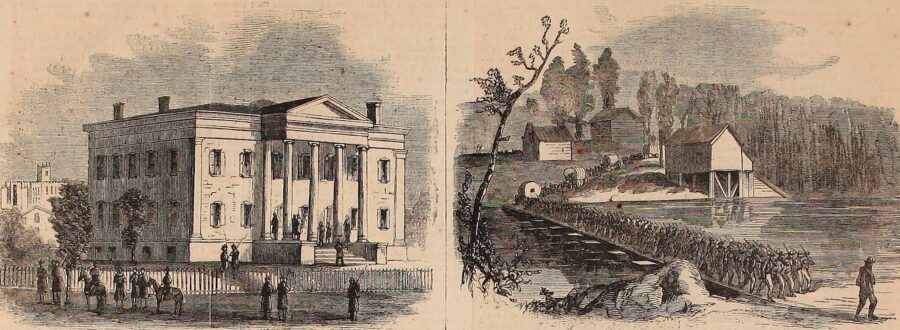 Sherman's troops met only minor resistance during the campaign's first days. On November 23, soldiers of Sherman's left wing occupied the state capital at Milledgeville, which prompted the speedy departure of the governor and the state legislature. Above are shown the governor's mansion in Milledgeville (left) and troops of the XX Corps crossing Little River near the city. 