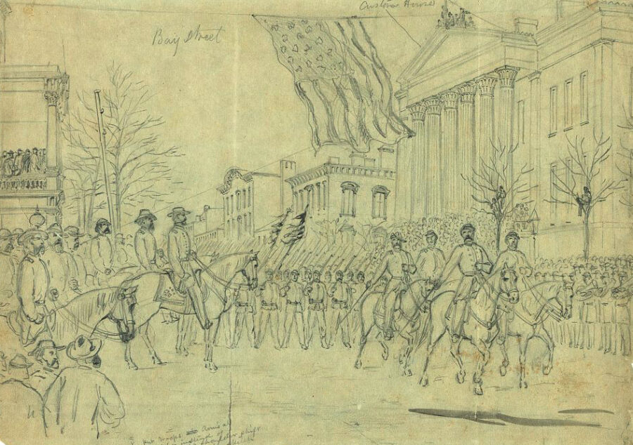Sherman reviews his army in the streets of Savannah before launching his next campaign northward into the Carolinas. While Sherman's March was—and is—often credited with helping to end the Civil War by undercutting the Confederacy’s ability to sustain the conflict, controversies linger. In the aftermath of the campaign, southerners alleged that Sherman’s men had gone out of their way to abuse civilians—including women and children. Even in the North, some observers were outraged when Sherman defended the actions of one of his generals, Jefferson C. Davis, at Ebenezer Creek. On December 9, Davis ordered a pontoon bridge pulled up before hundreds of escaped slaves, who had been following the Union army in search of safety, could cross. Stuck between the river and approaching Confederate cavalry, many dove in desperation into the icy cold water, only to drown while trying to make it to the opposite shore.  