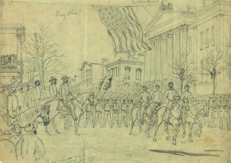 Sherman reviews his army in the streets of Savannah before launching his next campaign northward into the Carolinas. While Sherman's March was—and is—often credited with helping to end the Civil War by undercutting the Confederacy’s ability to sustain the conflict, controversies linger. In the aftermath of the campaign, southerners alleged that Sherman’s men had gone out of their way to abuse civilians—including women and children. Even in the North, some observers were outraged when Sherman defended the actions of one of his generals, Jefferson C. Davis, at Ebenezer Creek. On December 9, Davis ordered a pontoon bridge pulled up before hundreds of escaped slaves, who had been following the Union army in search of safety, could cross. Stuck between the river and approaching Confederate cavalry, many dove in desperation into the icy cold water, only to drown while trying to make it to the opposite shore. 