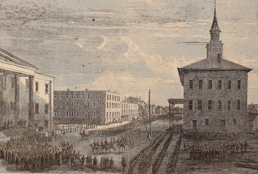 On December 17, a confident Sherman sent a message to Hardee in the city. "I have already received guns that can cast heavy and destructive shot as far as the heart of your city; also, I have for some days held and controlled every avenue by which the people and garrison of Savannah can be supplied, and I am therefore justified in demanding the surrender of the city of Savannah, and its dependent forts, and shall wait a reasonable time for your answer, before opening with heavy ordnance...." Instead of surrendering, Hardee and his men escaped on December 20 via a pontoon bridge on the Savannah River. The next morning, Savannah's mayor rode out to Union lines to surrender the city; Sherman's men marched in (shown above) and occupied it the same day.