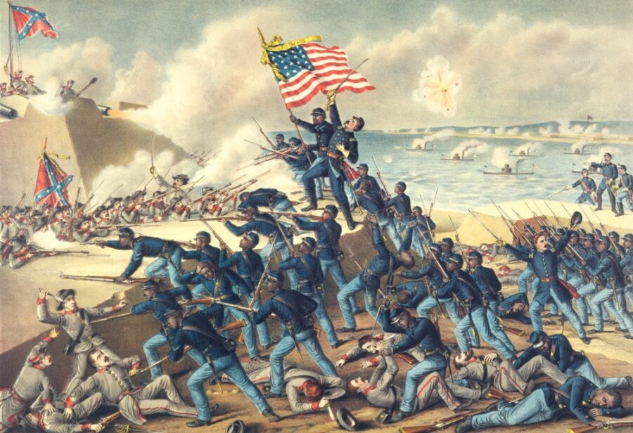 After the 54th pulled back, multiple white Union regiments tried and failed to take the fort. By the time the fighting was over, the attacking Union force had suffered some 1,500 casualties. The 54th, which numbered approximately 600 men going into the fight, had 270 of its men killed, wounded, or captured. Shown here: Kurz &amp; Allison's "Storming of Fort Wagner." (Library of Congress)