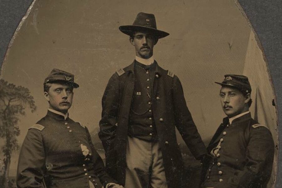 While the 54th Massachusetts' enlisted men were African Americans, the regiment's officers were white. Many of them, like Shaw, were from abolitionist families. Shown here (from left to right) are Second Lieutenant Ezekiel Gaulbert Tomlinson, Captain Luis F. Emilio, and Second Lieutenant Daniel G. Spear. (Library of Congress)