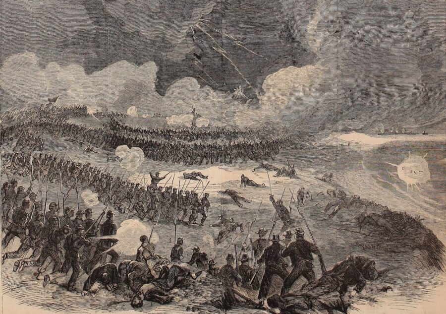 At dusk on July 18, 1863, the Shaw and the 54th led the Union attack on Fort Wagner. When the men were about 150 yards from the fort, its Confederate defenders opened fire with artillery and small arms. Shown here is a depiction of the assault published in Harper's Weekly.