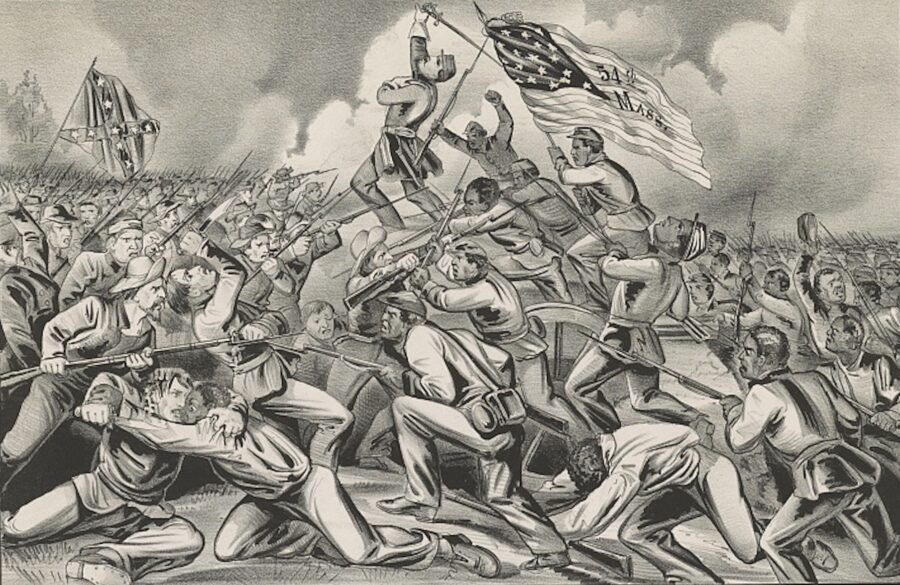 After a fierce hand-to-hand struggle—and the death of Colonel Shaw, who was shot in the chest multiple times after climbing the parapet—the 54th was forced back. This illustration by Currier &amp; Ives, published in 1863, depicts the ferocity of the struggle. (Library of Congress)