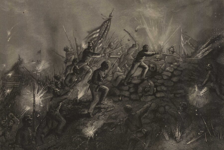 Despite taking heavy fire from the fort, the 54th Massachusetts was able to reach the parapet, as shown in this depiction of the battle by Thomas Nast. (USAHEC)