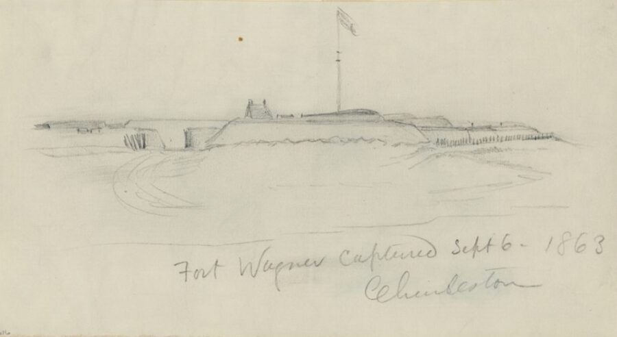 For the next two months, Union guns hammered the fort. In early September, the Confederates abaondoned Wagner to Union forces, a moment marked in this sketch by Alfred Waud. (Library of Congress)