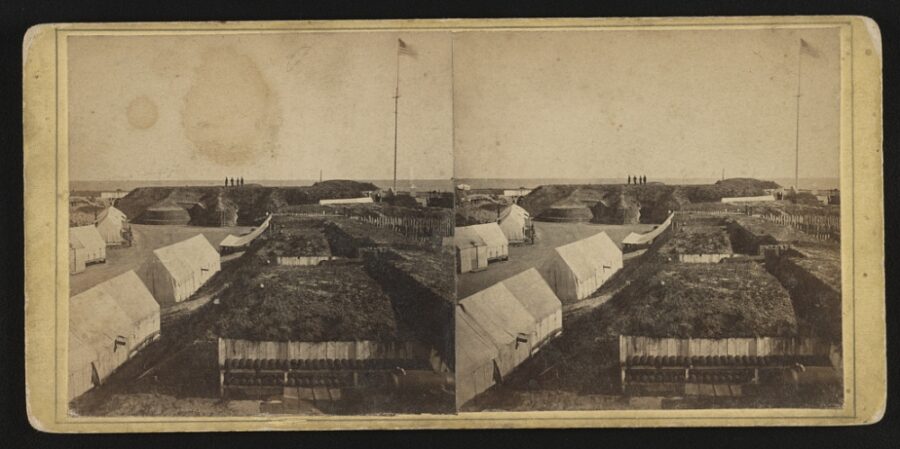 This stereoview shows the interior of Fort Wagner after its capture by Union forces. (Library of Congress)