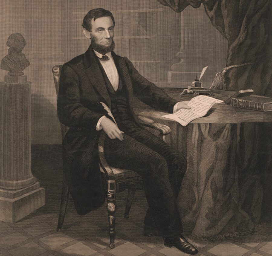 A solitary Lincoln signs the proclamation in this 1864 work by William E. Winner.