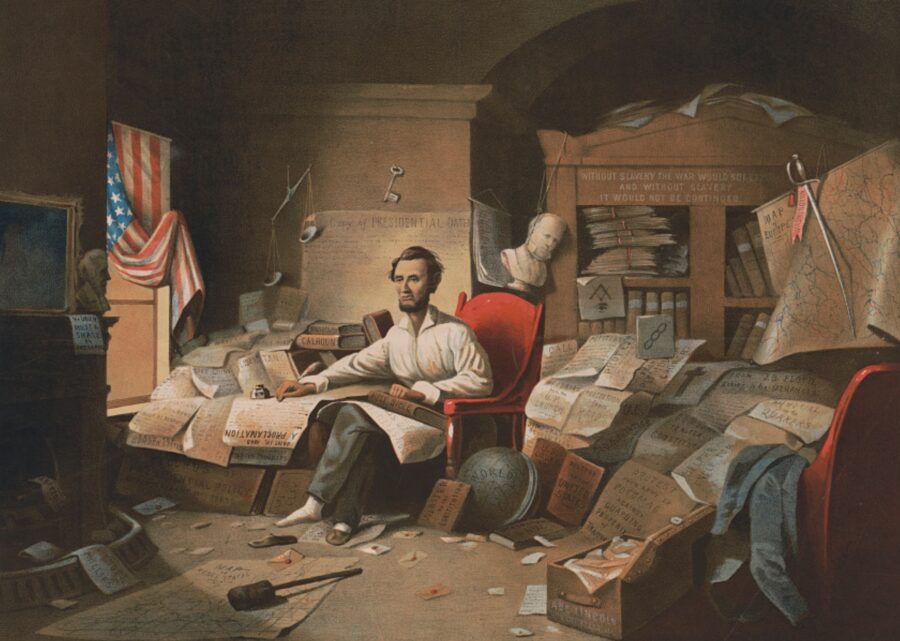 In this 1863 painting by David Gilmour Blythe, Lincoln, his left hand on the Bible, drafts the Emancipation Proclamation in his cluttered office.
