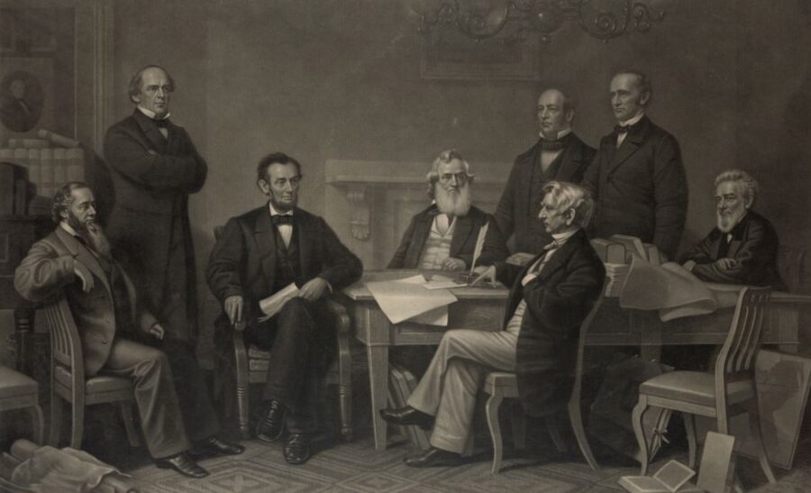 In this engraving of an 1864 painting by Francis B. Carpenter, Lincoln reads a draft of the Emancipation Proclamation to his cabinet in September 1862.
