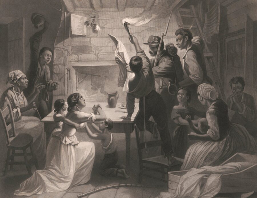 A Union soldier reads the Emancipation Proclamation to an enslaved family, informing them that they are free.